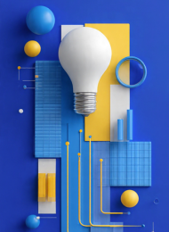 Composición gráfica con una ampolleta, gráficos y líneas de información, simbolizando la generación de ideas y soluciones basadas en evidencia y rigor metodológico