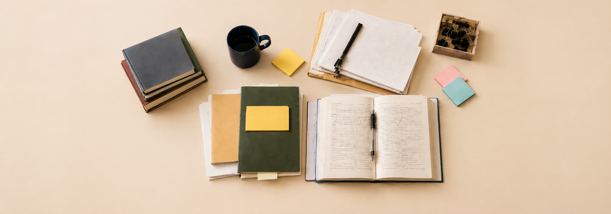 Documentos, cuadernos y materiales de trabajo dispuestos sobre una mesa de revisión