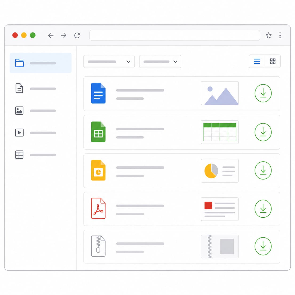 Interfaz de repositorio digital con documentos y archivos descargables