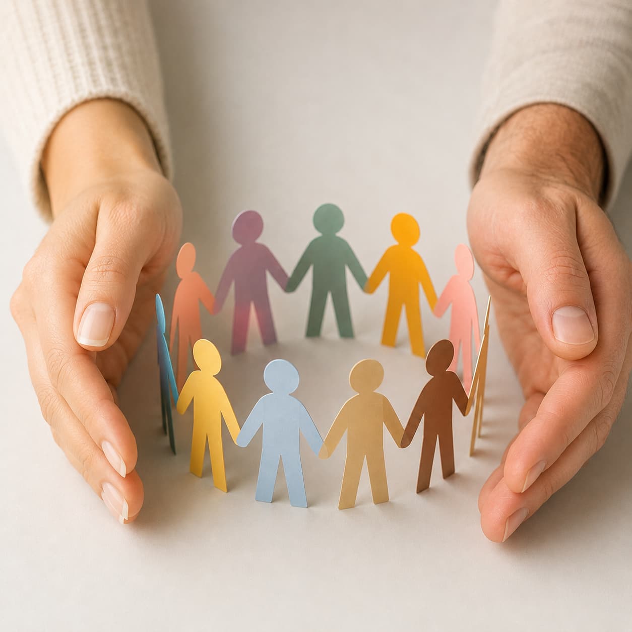 Figuras humanas de papel formando un círculo, representando mediación, cuidado y reparación interpersonal.