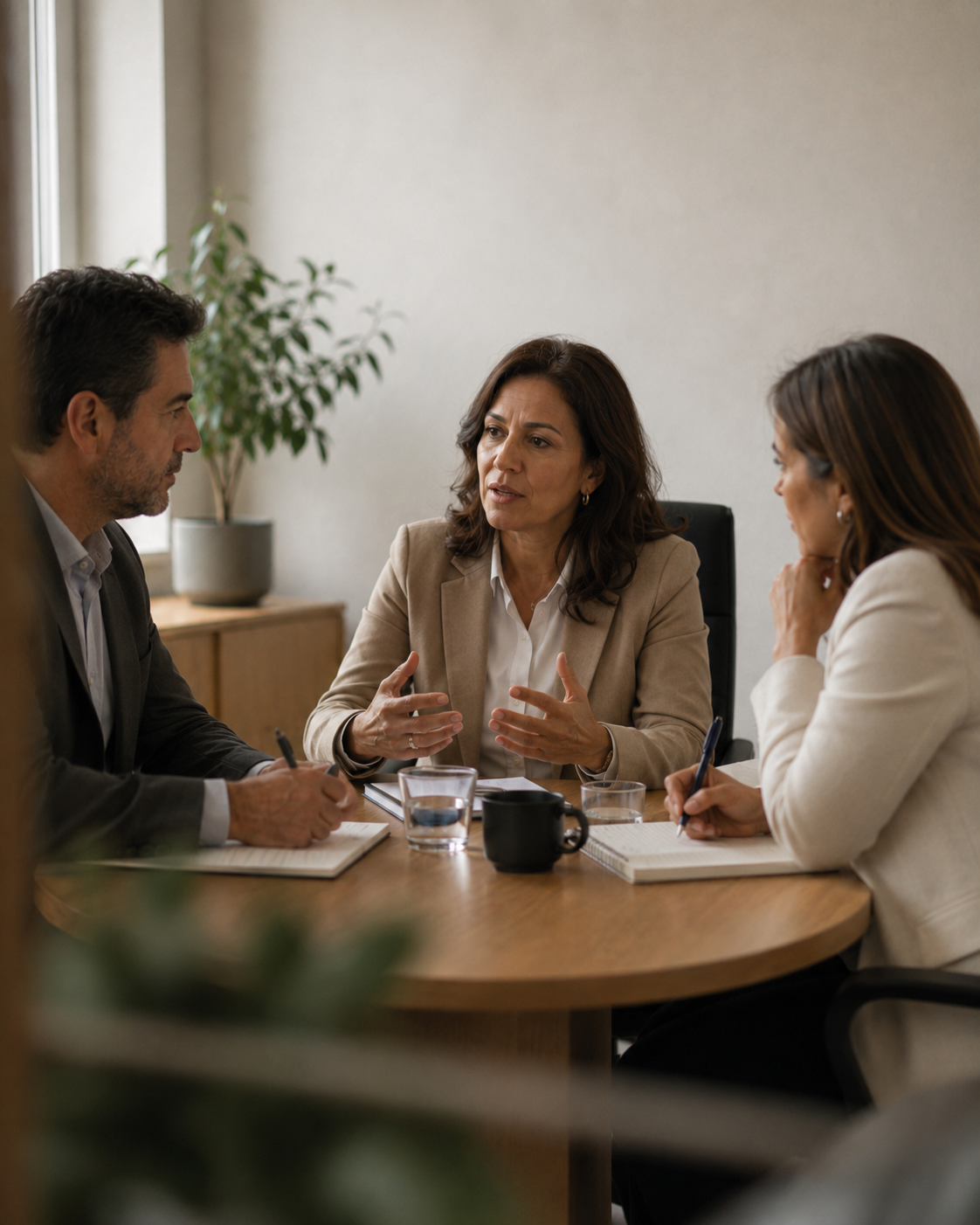 Mediadora conversando con dos personas durante una sesión de trabajo.