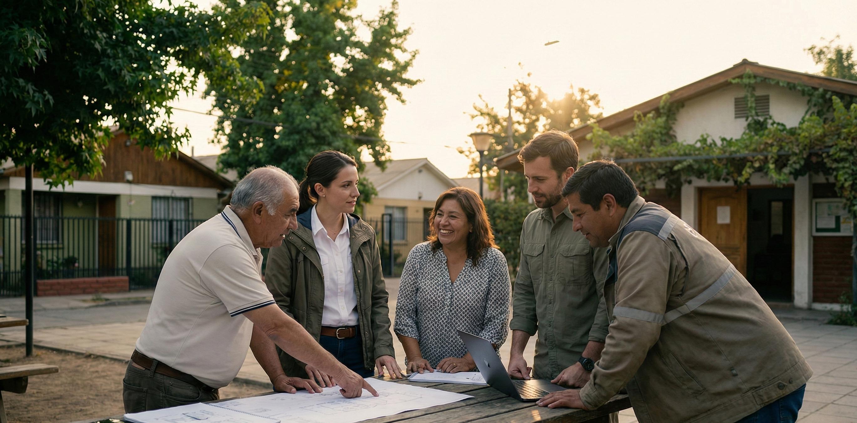 Profesionales y líderes comunitarios colaborando en terreno en proyecto de desarrollo local