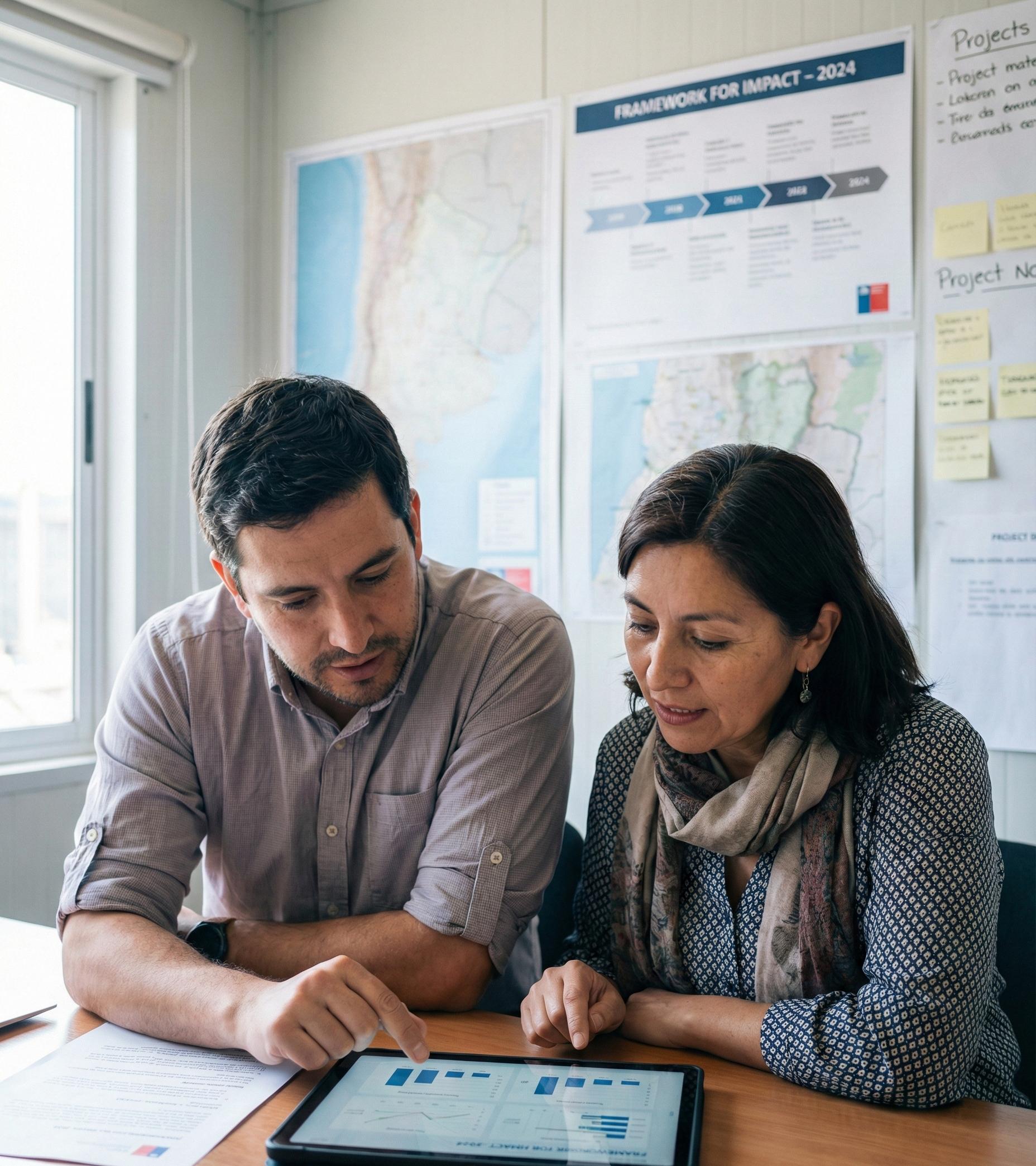 Profesionales analizando indicadores de impacto social y diseño de proyectos en oficina de campo