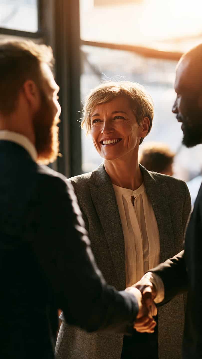 Profesionales dándose la mano en un entorno laboral positivo, simbolizando la mediación y las soluciones en relaciones profesionales