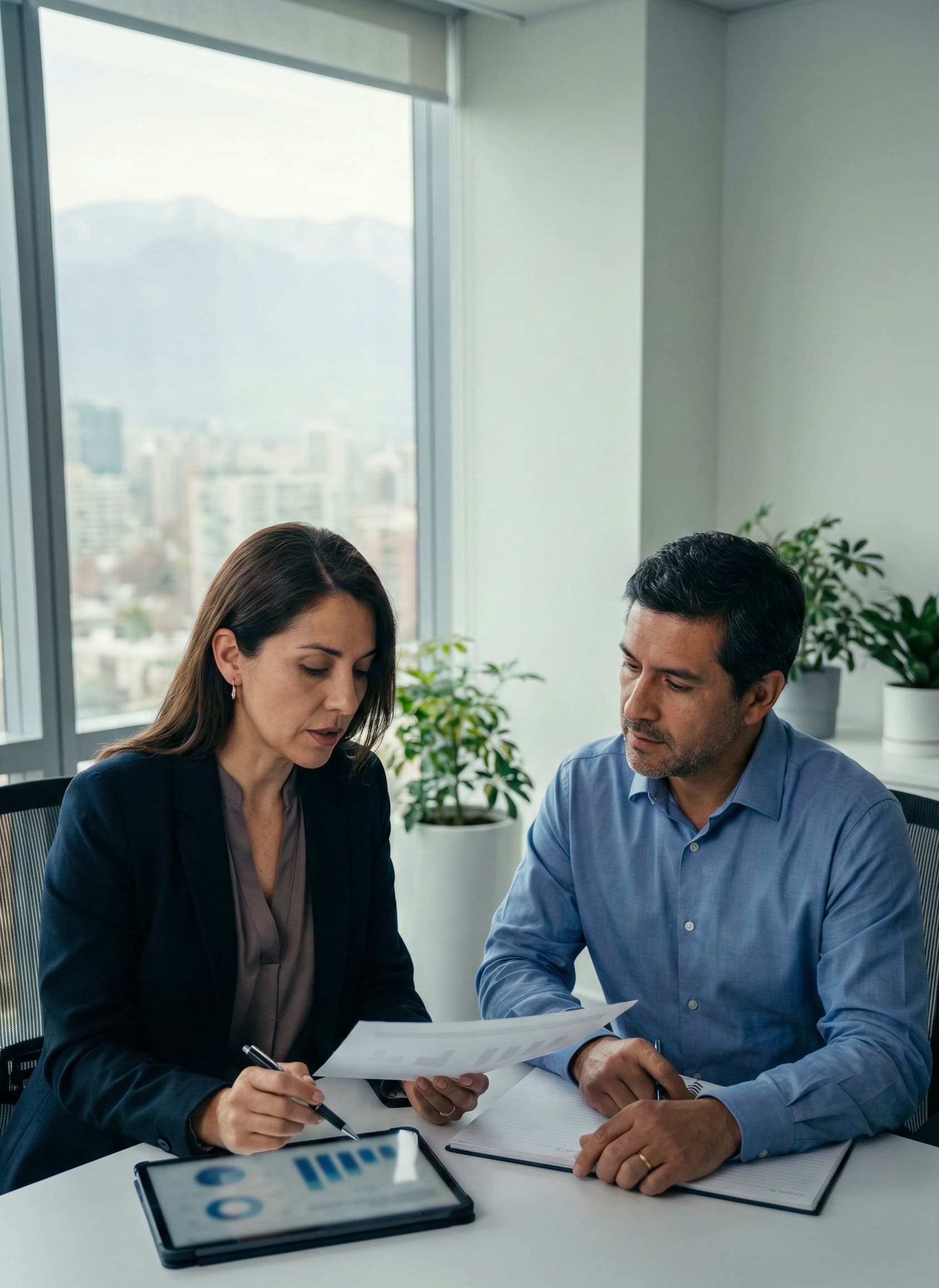 Especialista evaluando indicadores de riesgo psicosocial con líder organizacional